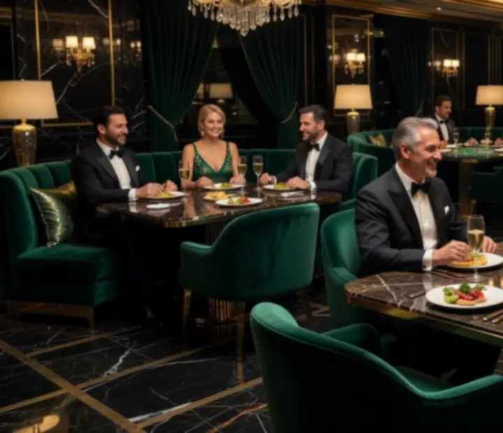 Luksusowa restauracja połączona z kasynowym lounge w wieczornym świetle