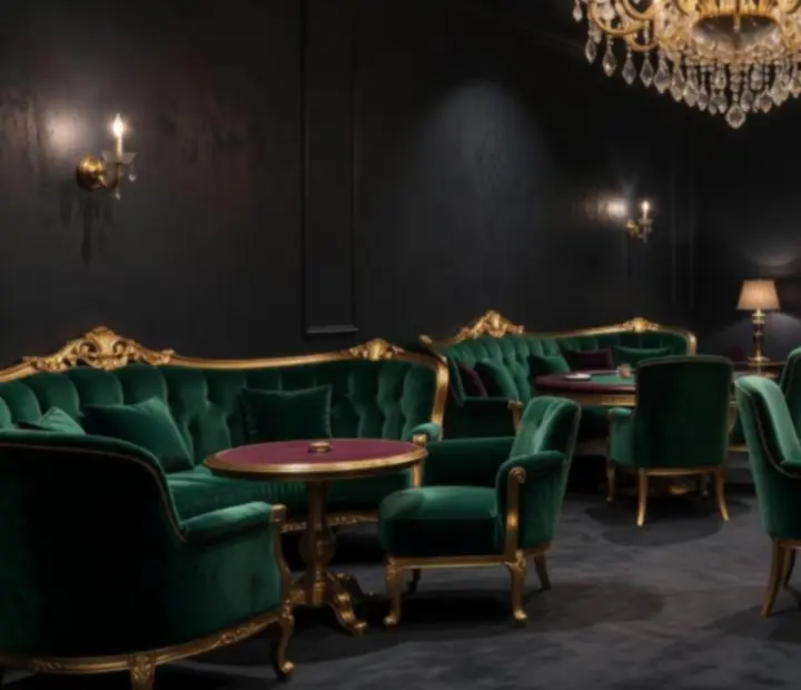 Luksusowe, ciemne wnętrze lounge z kasynowymi akcentami w Nocaristello