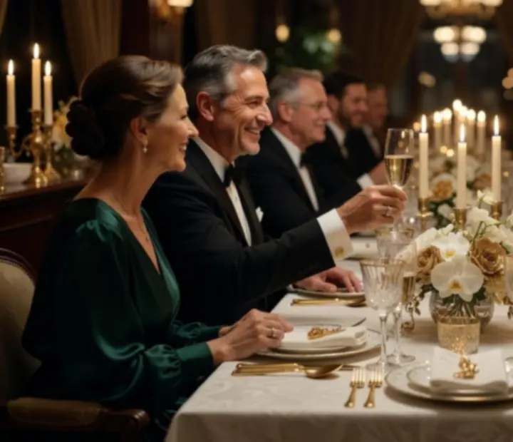 Ciemne, filmowe wnętrze restauracji Nocaristello podczas eleganckiego wieczoru